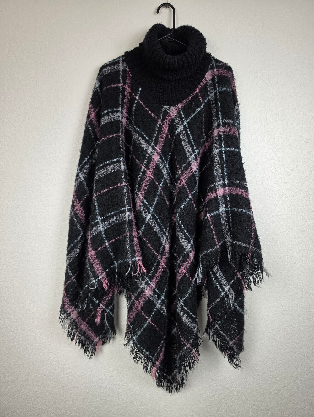 Black Pink Plaid Turtleneck Poncho with Fringe